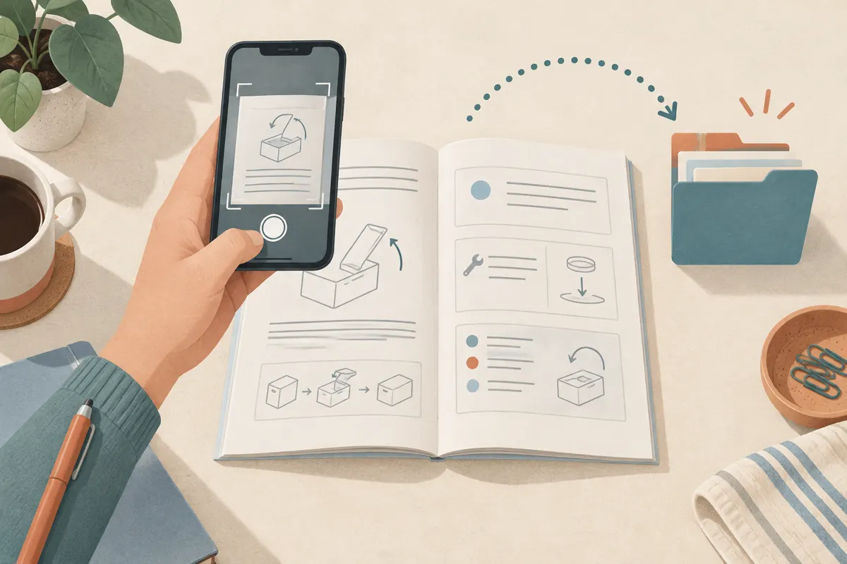 Ilustracja telefonu skanującego papierową instrukcję i folderu do przechowywania dokumentów.